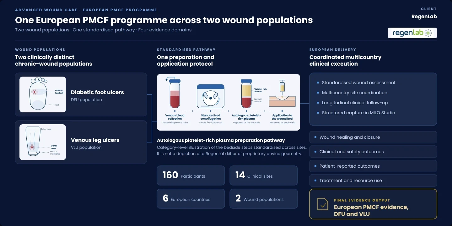 Schaubild des europäischen PMCF-Programms von RegenLab: zwei Populationen chronischer Wunden, diabetische Fußulzera und venöse Ulcera cruris, die in einen standardisierten Weg der Herstellung und Anwendung von autologem plättchenreichem Plasma münden, danach koordinierte klinische Durchführung in mehreren Ländern und vier Evidenzbereiche, mit europäischer PMCF-Evidenz für beide Populationen als Ergebnis.